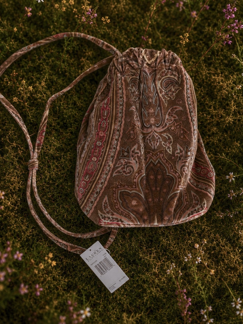 Lauren Ralph Lauren NWT Velvet Paisley Drawstring Bucket Bag Crossbody